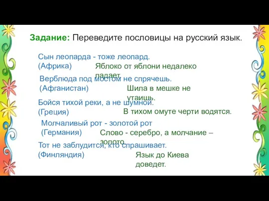 Задание: Переведите пословицы на русский язык. Сын леопарда - тоже