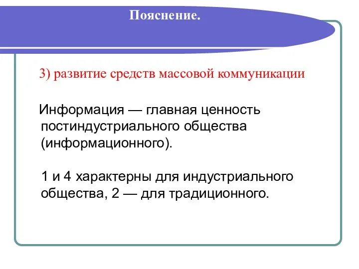 Пояснение. 3) развитие средств массовой коммуникации Информация — главная ценность