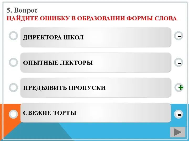 5. Вопрос НАЙДИТЕ ОШИБКУ В ОБРАЗОВАНИИ ФОРМЫ СЛОВА ДИРЕКТОРА ШКОЛ