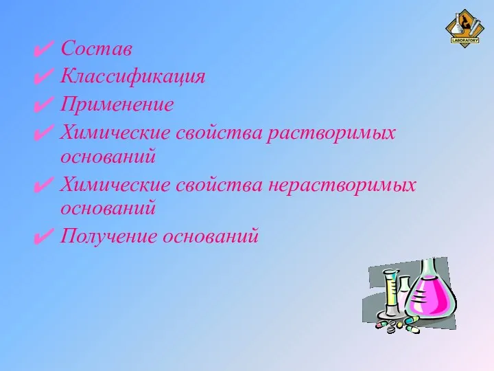 Состав Классификация Применение Химические свойства растворимых оснований Химические свойства нерастворимых оснований Получение оснований