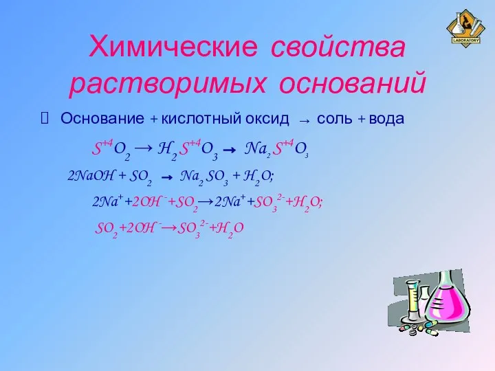 Химические свойства растворимых оснований Основание + кислотный оксид → соль