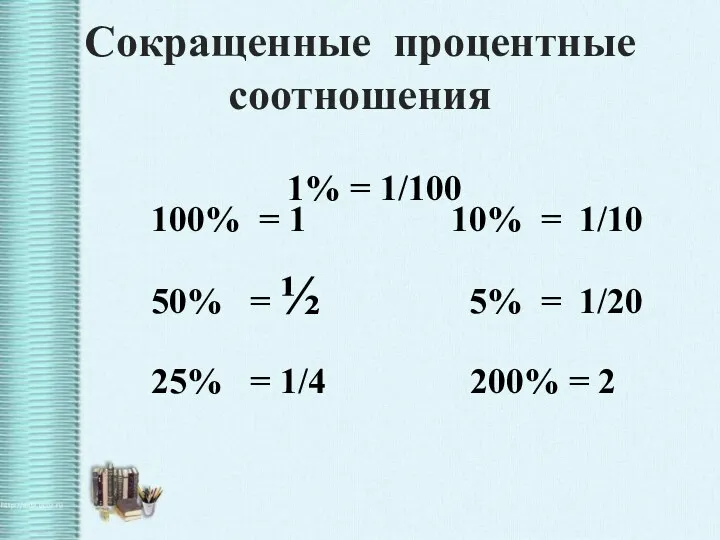 100% = 1 10% = 1/10 50% = ½ 5%