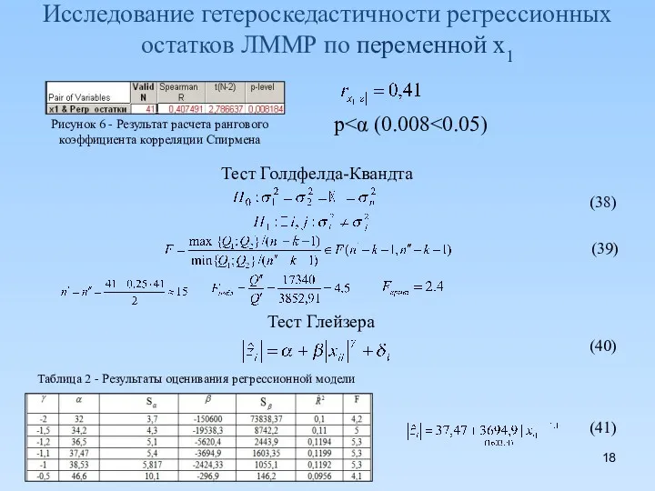 Исследование гетероскедастичности регрессионных остатков ЛММР по переменной x1 (38) (39)