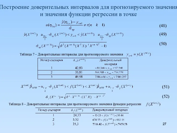 Построение доверительных интервалов для прогнозируемого значения и значения функции регрессии