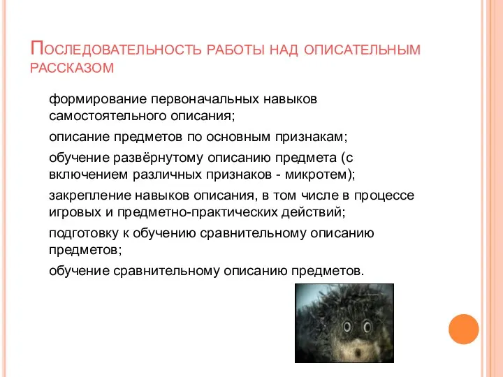 Последовательность работы над описательным рассказом формирование первоначальных навыков самостоятельного описания;