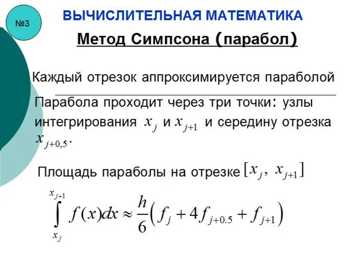 №3 ВЫЧИСЛИТЕЛЬНАЯ МАТЕМАТИКА Метод Симпсона (парабол) Каждый отрезок аппроксимируется параболой