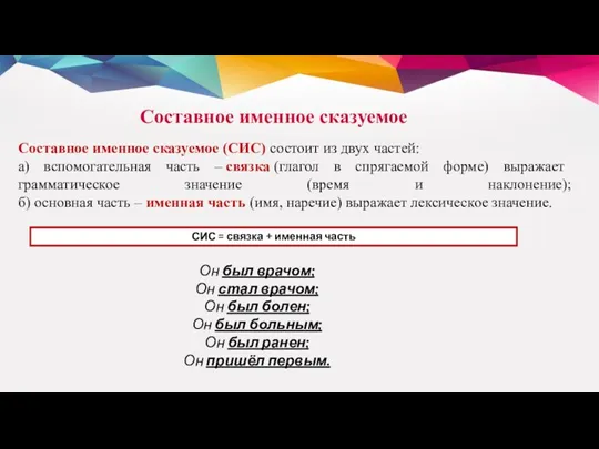 Составное именное сказуемое Составное именное сказуемое (СИС) состоит из двух частей: а) вспомогательная