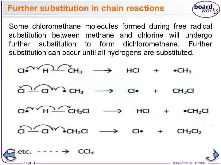Further substitution in chain reactions Some chloromethane molecules formed during