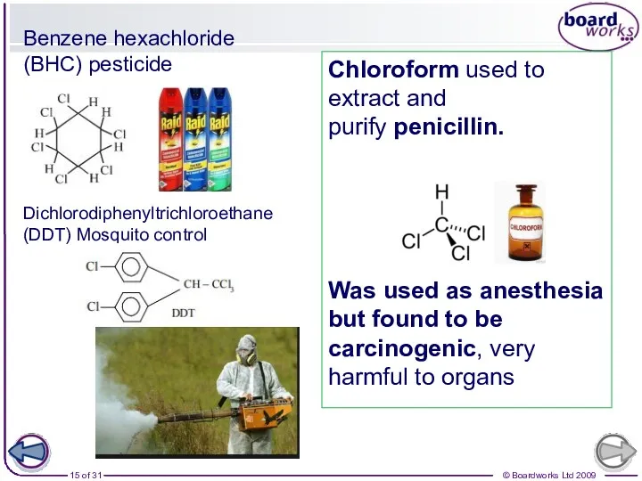 Benzene hexachloride (BHC) pesticide Dichlorodiphenyltrichloroethane (DDT) Mosquito control Chloroform used