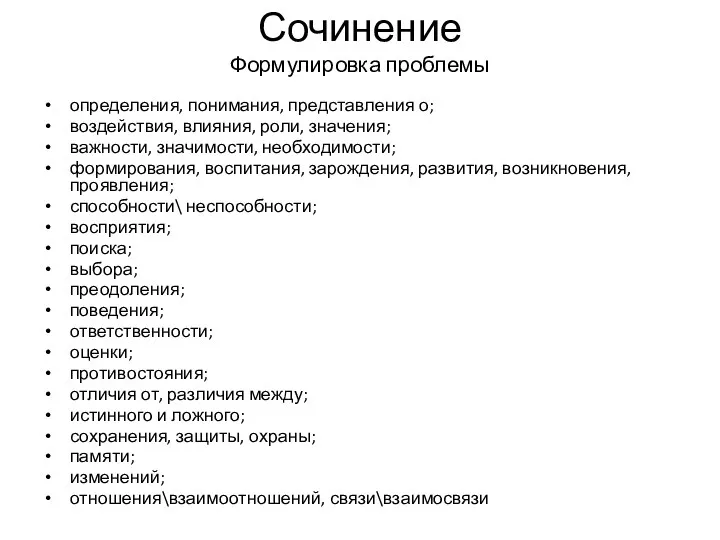 Сочинение Формулировка проблемы определения, понимания, представления о; воздействия, влияния, роли,