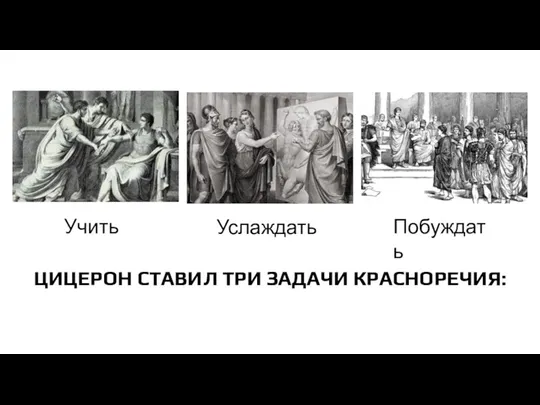 ЦИЦЕРОН СТАВИЛ ТРИ ЗАДАЧИ КРАСНОРЕЧИЯ: Учить Услаждать Побуждать