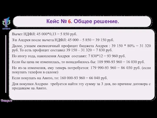 Кейс № 6. Общее решение. Вычет НДФЛ: 45 000*0,13 =