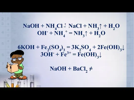 NaOH + NH4Cl NaCl + NH3↑ + H2O OH- +