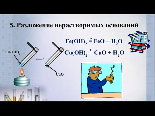 5. Разложение нерастворимых оснований Fe(OH)2 = FeO + H2O t