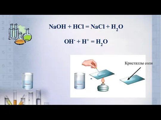 NaOH + HCl = NaCl + H2O ОН- + Н+ = Н2О Кристаллы соли