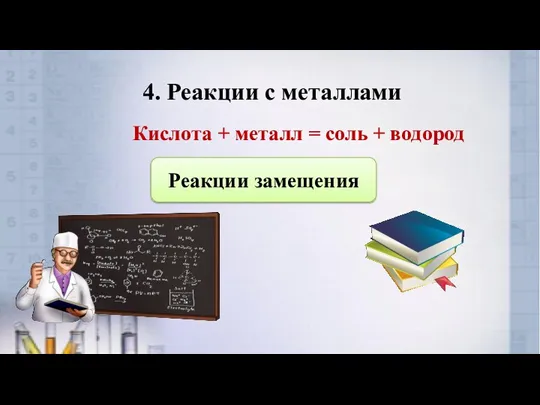 4. Реакции с металлами Кислота + металл = соль + водород Реакции замещения