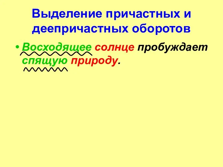 Выделение причастных и деепричастных оборотов Восходящее солнце пробуждает спящую природу.