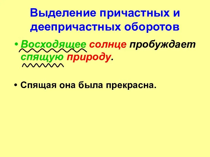 Выделение причастных и деепричастных оборотов Восходящее солнце пробуждает спящую природу. Спящая она была прекрасна.