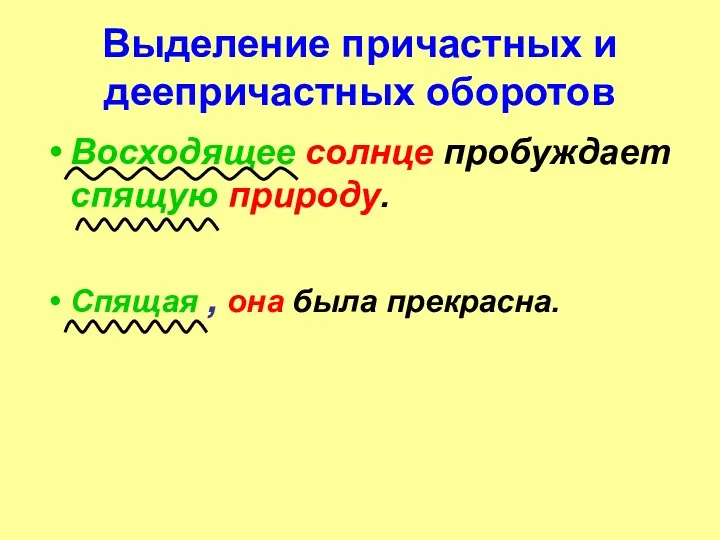 Выделение причастных и деепричастных оборотов Восходящее солнце пробуждает спящую природу. Спящая , она была прекрасна.