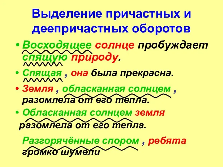 Выделение причастных и деепричастных оборотов Восходящее солнце пробуждает спящую природу.