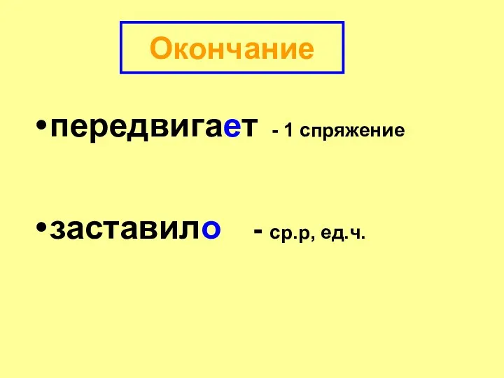 передвигает - 1 спряжение заставило - ср.р, ед.ч. Окончание