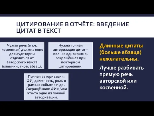 ЦИТИРОВАНИЕ В ОТЧЁТЕ: ВВЕДЕНИЕ ЦИТАТ В ТЕКСТ Длинные цитаты (больше