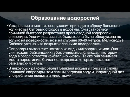 Образование водорослей Устаревшие очистные сооружения приводят к сбросу большого количества