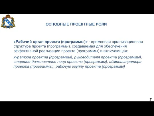 7 ОСНОВНЫЕ ПРОЕКТНЫЕ РОЛИ «Рабочий орган проекта (программы)» - временная