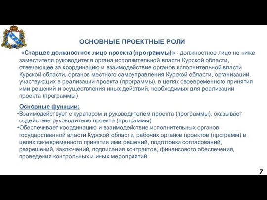 7 ОСНОВНЫЕ ПРОЕКТНЫЕ РОЛИ «Старшее должностное лицо проекта (программы)» -