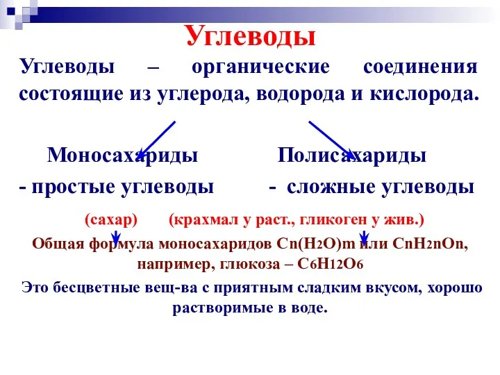 Углеводы Углеводы – органические соединения состоящие из углерода, водорода и