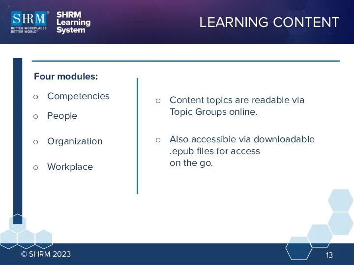 Four modules: Competencies People Organization Workplace © SHRM 2023 LEARNING