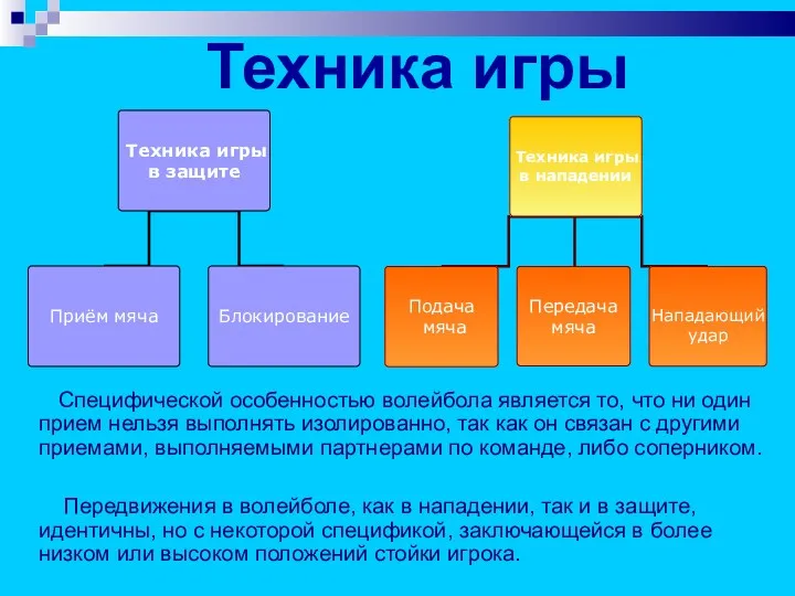 Техника игры Специфической особенностью волейбола является то, что ни один