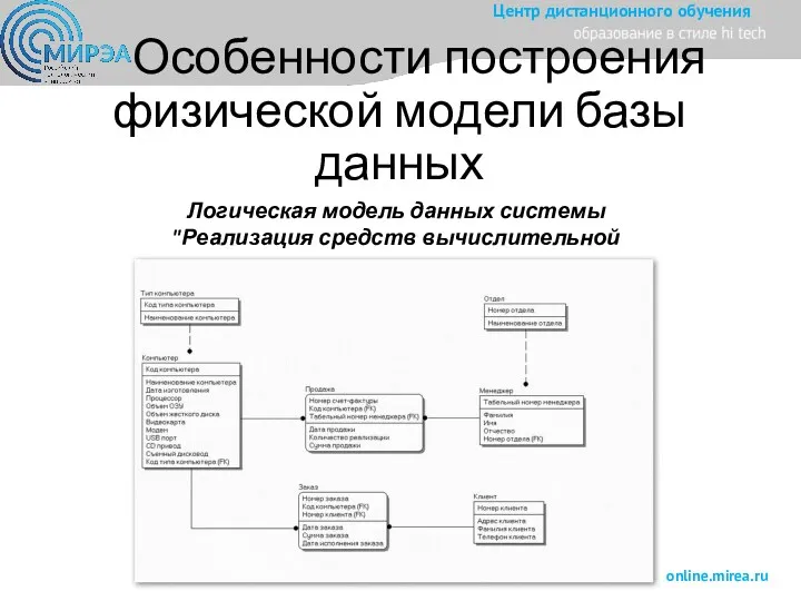 Особенности построения физической модели базы данных Логическая модель данных системы "Реализация средств вычислительной техники"