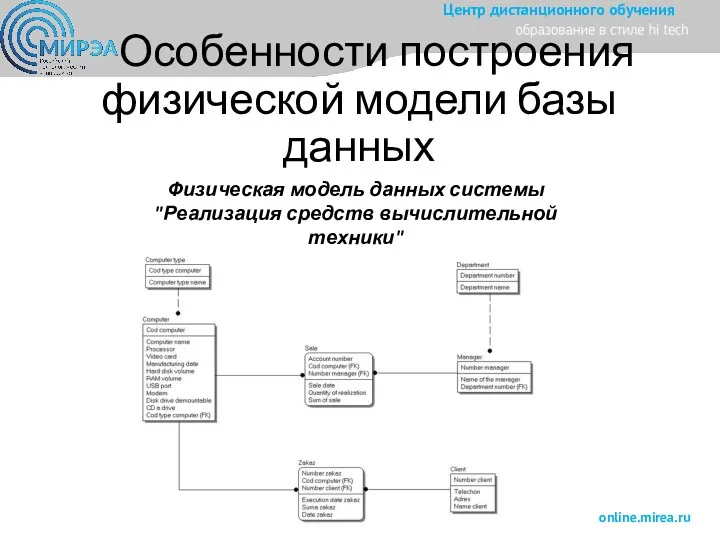 Особенности построения физической модели базы данных Физическая модель данных системы "Реализация средств вычислительной техники"