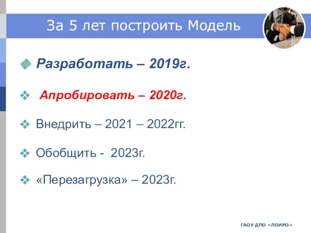 ГАОУ ДПО «ЛОИРО» За 5 лет построить Модель Разработать –