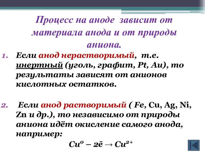 Процесс на аноде зависит от материала анода и от природы