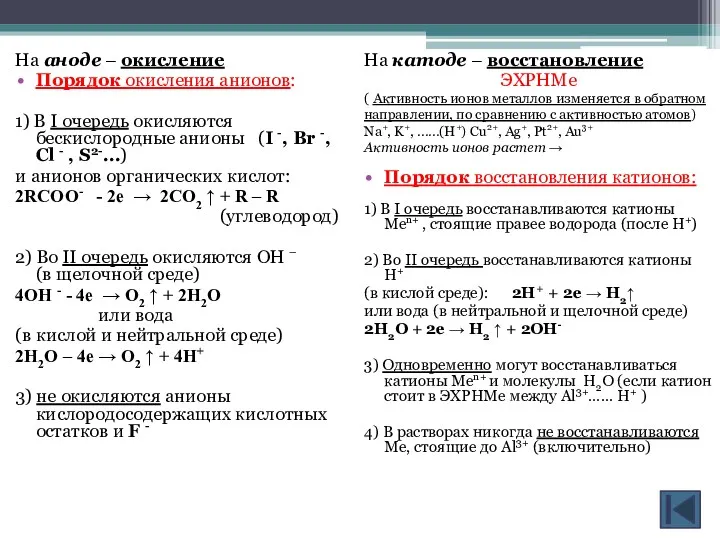 На аноде – окисление Порядок окисления анионов: 1) В I