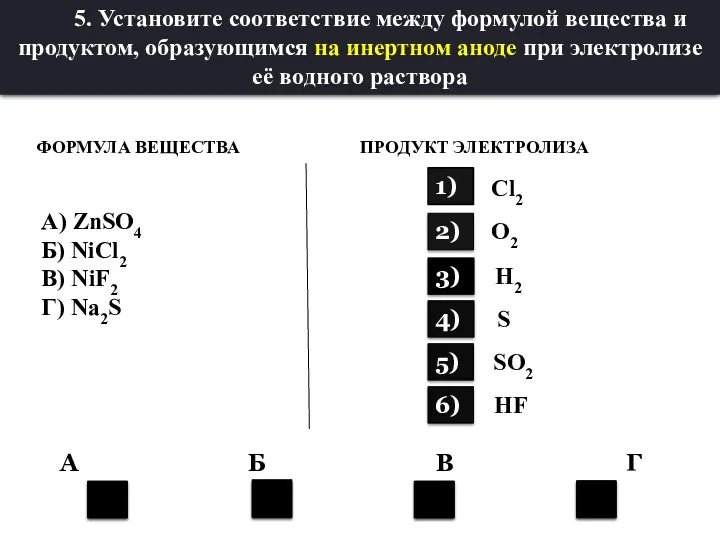 2 4 1 2 6) ФОРМУЛА ВЕЩЕСТВА ПРОДУКТ ЭЛЕКТРОЛИЗА А)