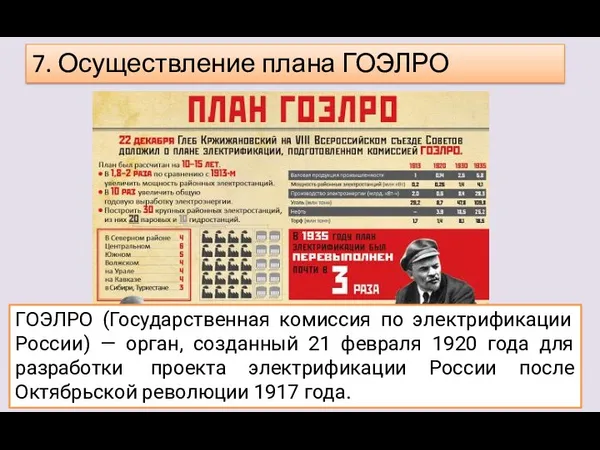 7. Осуществление плана ГОЭЛРО ГОЭЛРО (Государственная комиссия по электрификации России) — орган, созданный