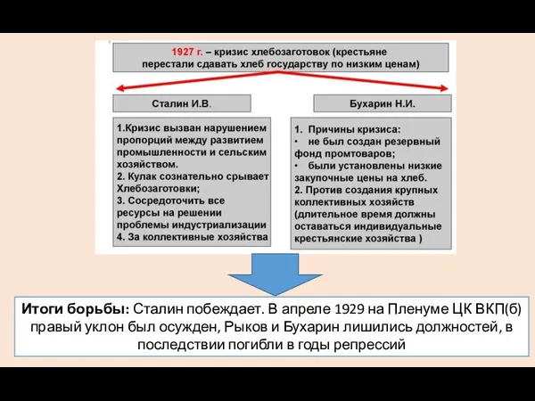 Итоги борьбы: Сталин побеждает. В апреле 1929 на Пленуме ЦК ВКП(б) правый уклон