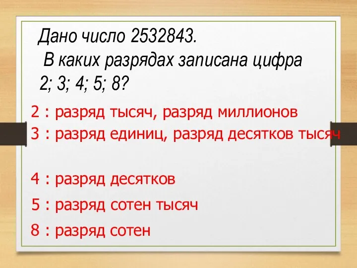 Дано число 2532843. В каких разрядах записана цифра 2; 3;