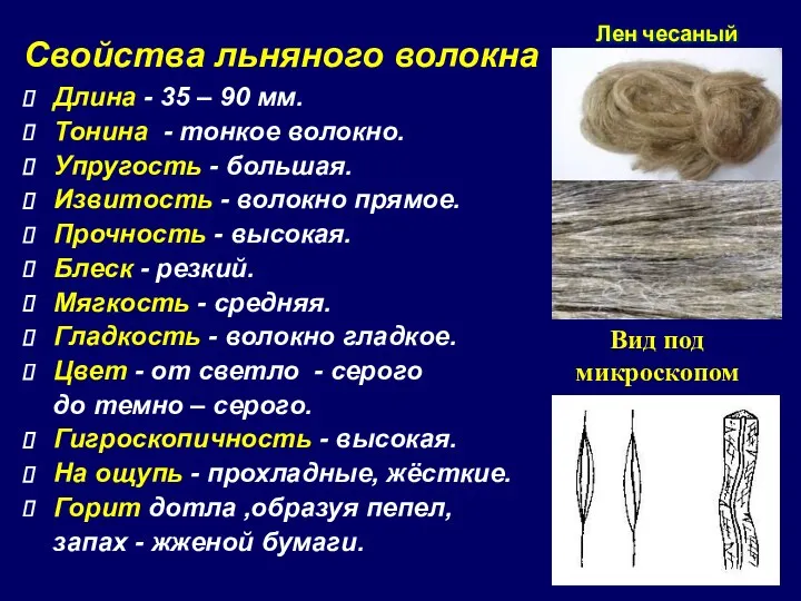 Свойства льняного волокна Длина - 35 – 90 мм. Тонина - тонкое волокно.