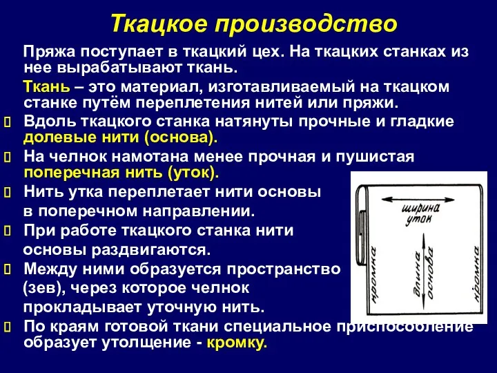 Ткацкое производство Пряжа поступает в ткацкий цех. На ткацких станках из нее вырабатывают