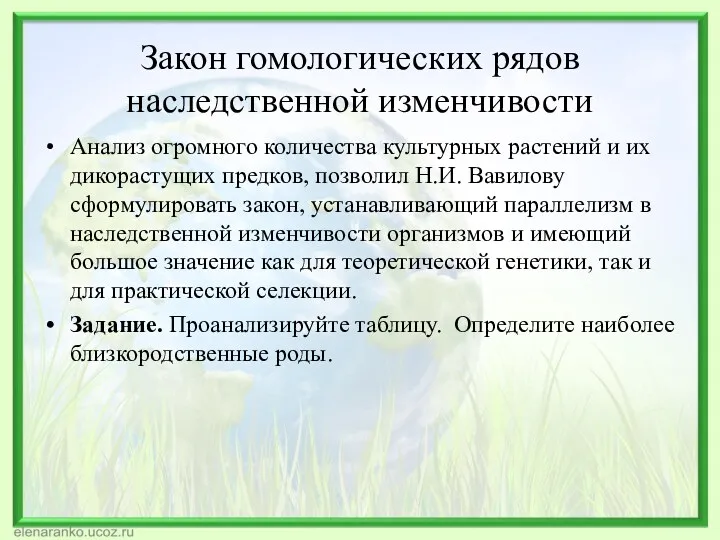 Закон гомологических рядов наследственной изменчивости Анализ огромного количества культурных растений