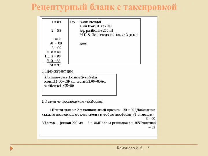 * Качанова И.А. Рецептурный бланк с таксировкой