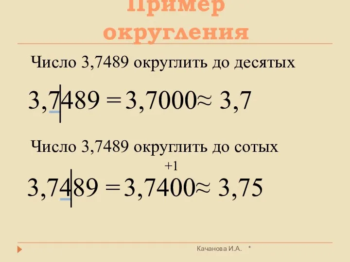 Пример округления * Качанова И.А. 3,7489 = Число 3,7489 округлить