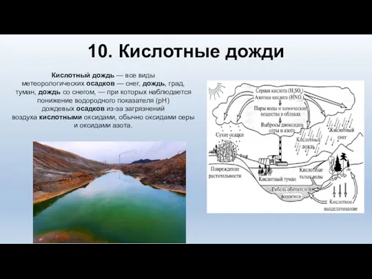 10. Кислотные дожди Кислотный дождь — все виды метеорологических осадков