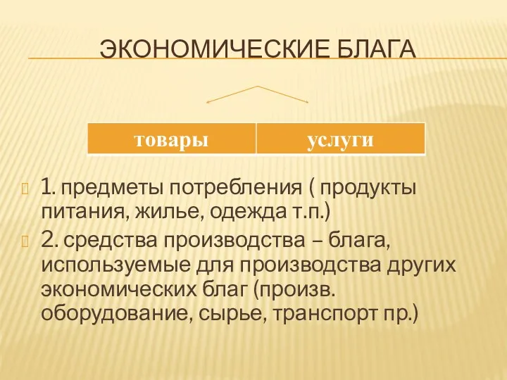 ЭКОНОМИЧЕСКИЕ БЛАГА 1. предметы потребления ( продукты питания, жилье, одежда