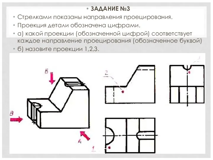 ЗАДАНИЕ №3 Стрелками показаны направления проецирования. Проекция детали обозначена цифрами.