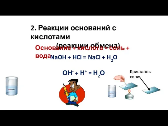 2. Реакции оснований с кислотами (реакции обмена) Основание + кислота
